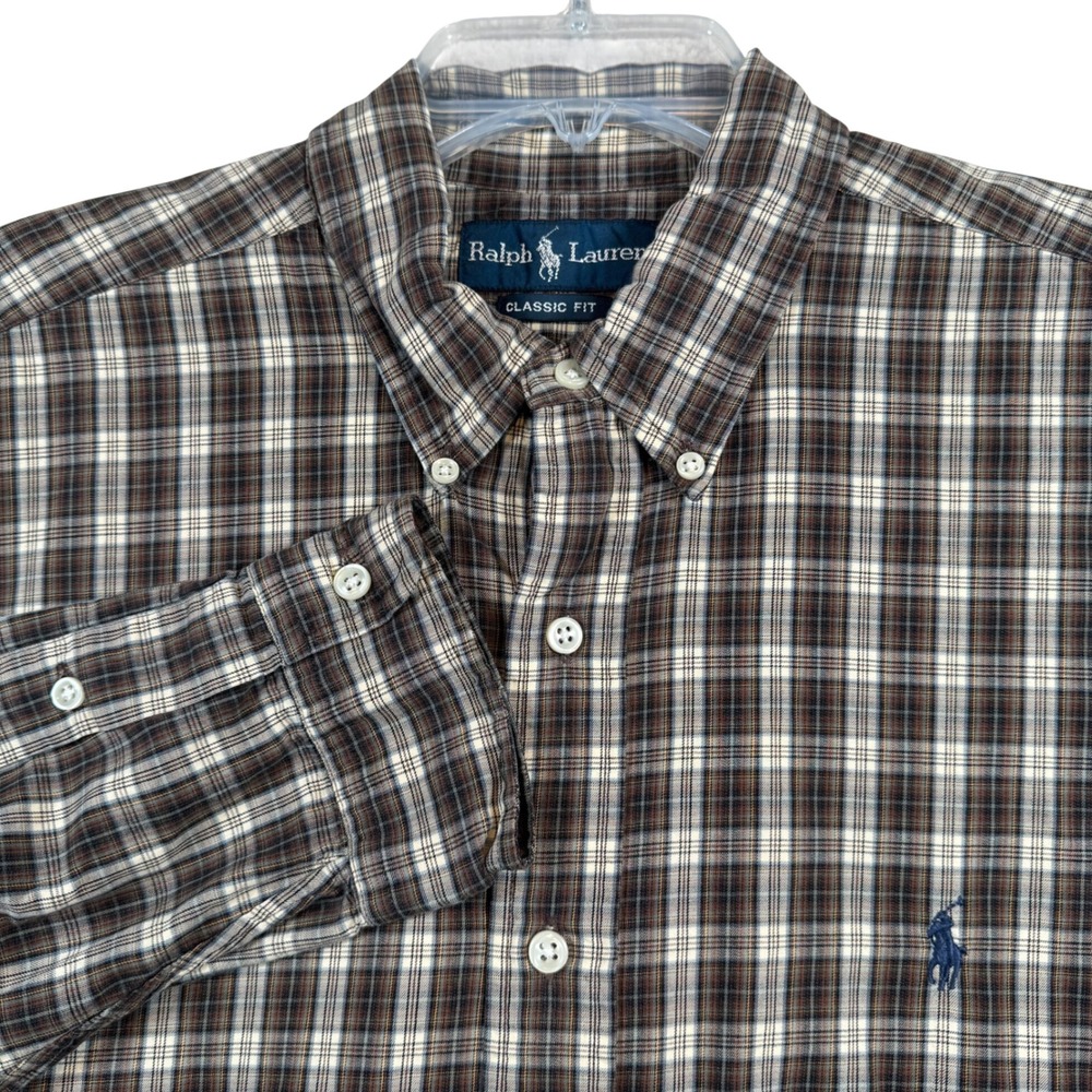 Ralph Lauren Button Down Shirt Mens XL Brown Plaid Classic Fit Cotton